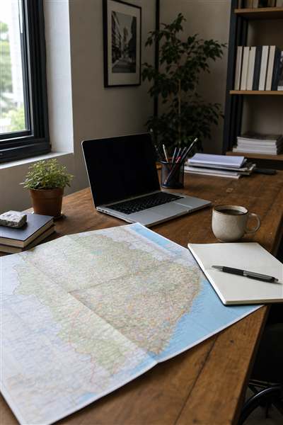 Mesa de redação com mapa de rodovias